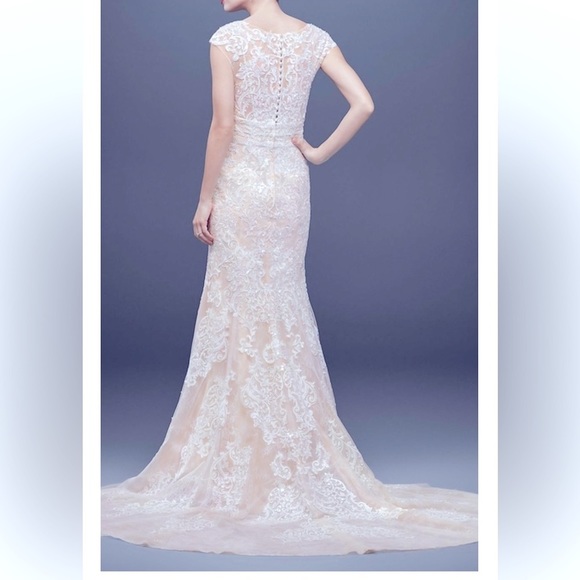 Oleg Cassini Dresses & Skirts - Oleg Cassini CWG807 cap sleeve plunging V neck. Ivory rose gold w/chapel train.